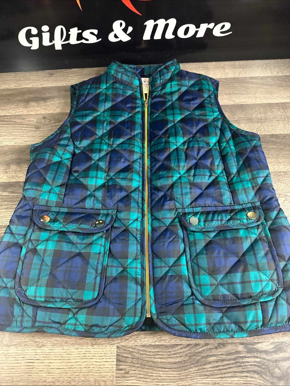 St. John's Bay green and Navy Quilted Plaid Vest with Gold Zipper